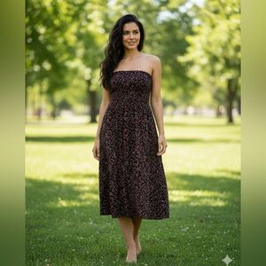 AUW Strapless Dress with Black and Pink Floral Pattern